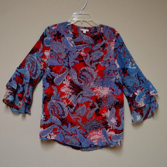 Est. 1946 Lined Print V-Neck Blouse with 3/4 Length Ruffle Sleeve - Size L - Picture 1 of 4